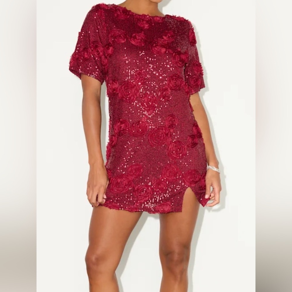 Kayleena Burgundy Sequin Rosette Tie-Back Shift Dress Lulus